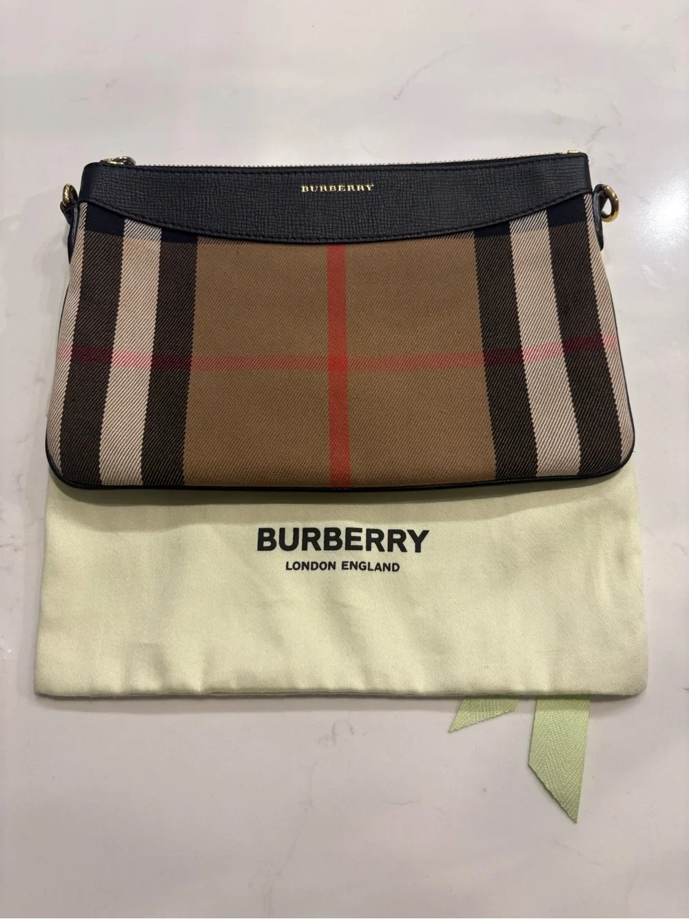 Authentic Burberry Tan Vintage Check Messenger Bag with Black Trim